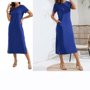 Naggoo Women's Short Sleeve Tshirt Maxi Dress  Pockets Royal Blue Size L
